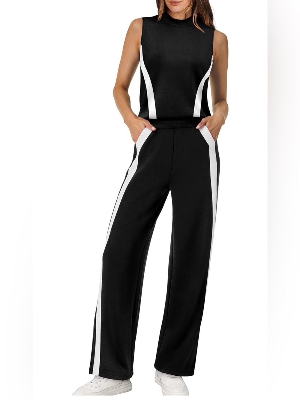 Sleeveless Black Jumpsuit with White Side Stripes